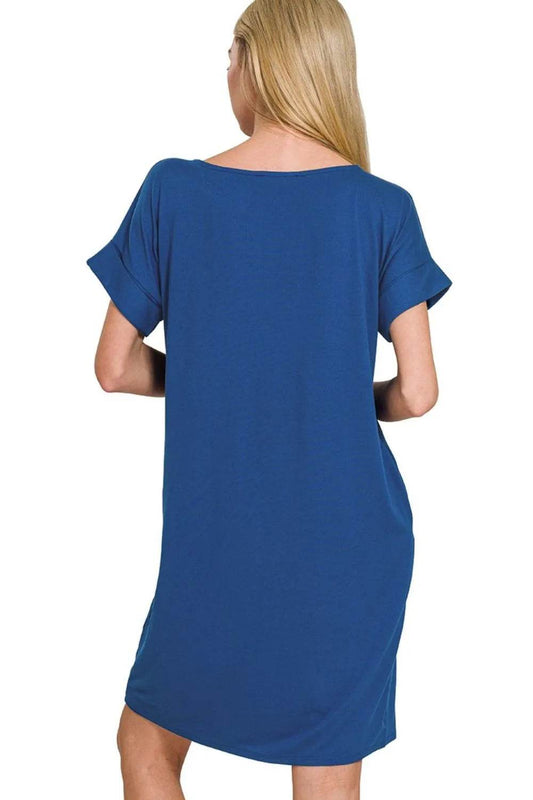 Zenana Rolled Short Sleeve Round Neck Dress - Shop Style & More | Fresh Looks, Everyday Deals & Free Shipping