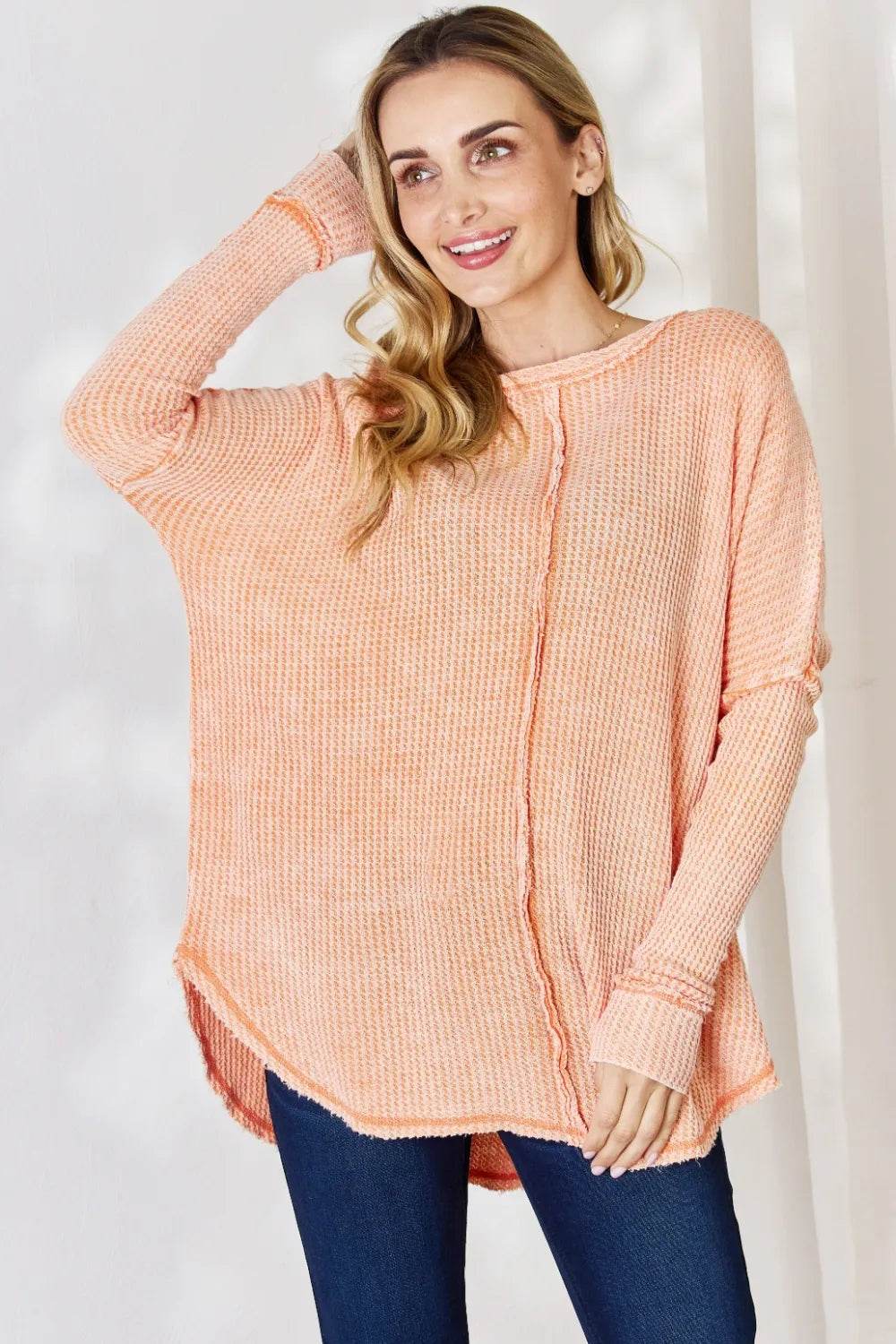 Zenana Oversized Washed Waffle Long Sleeve Top - Shop Style & More | Fresh Looks, Everyday Deals & Free Shipping