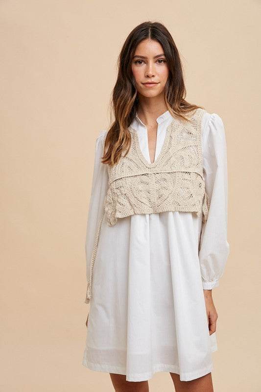 Annie Wear Crochet Vest Shirt Dress with Notched Long Sleeves - Shop Style & More | Fresh Looks, Everyday Deals & Free Shipping