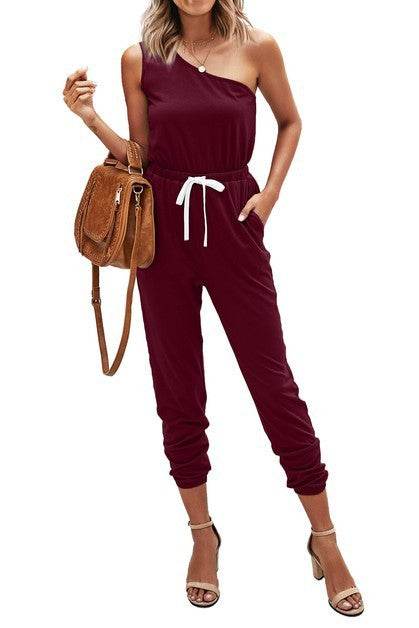 One Shoulder Sleeveless Elastic Waist Jumpsuit - Shop Style & More | Fresh Looks, Everyday Deals & Free Shipping
