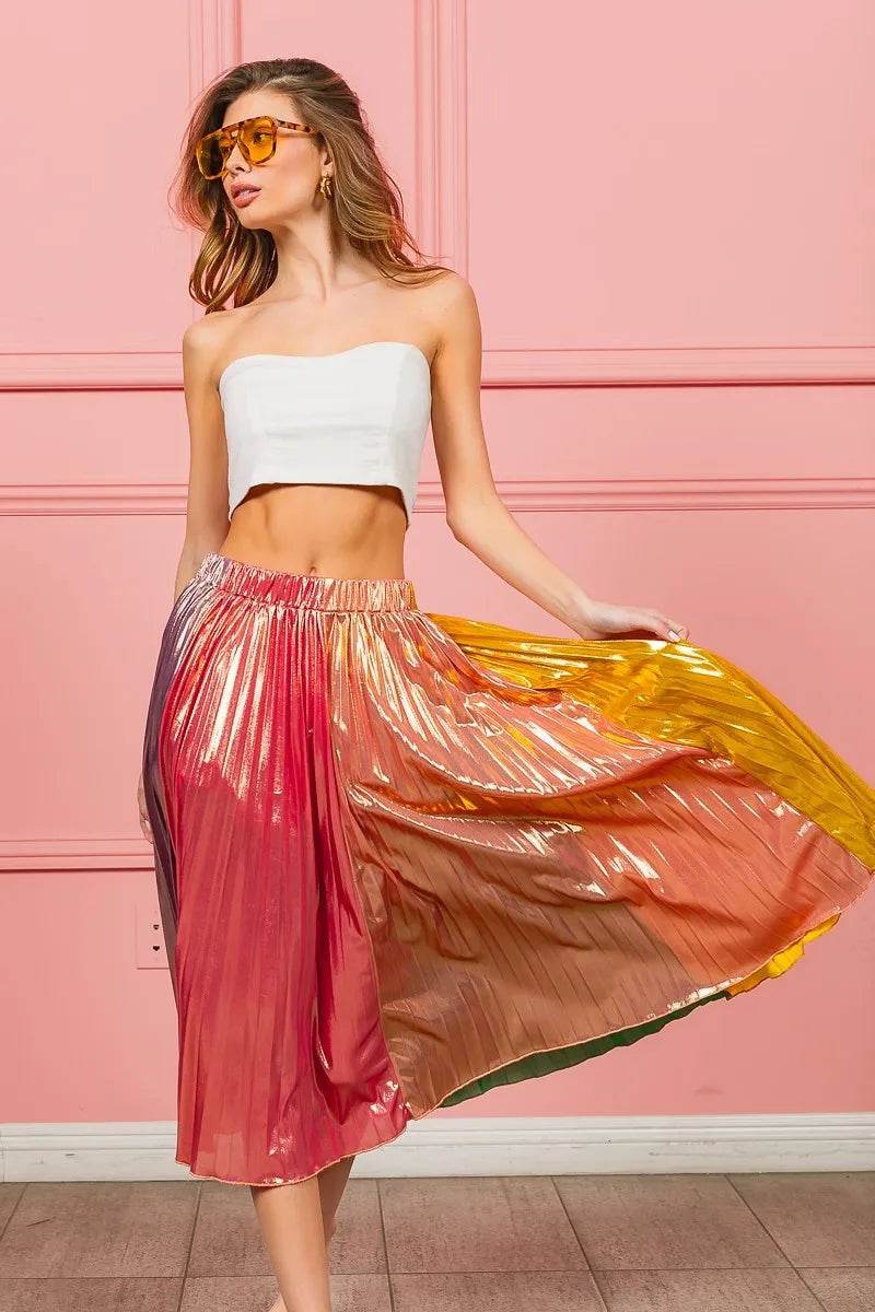 BiBi Metallic Color Block Pleats Midi Skirt - Shop Style & More | Fresh Looks, Everyday Deals & Free Shipping