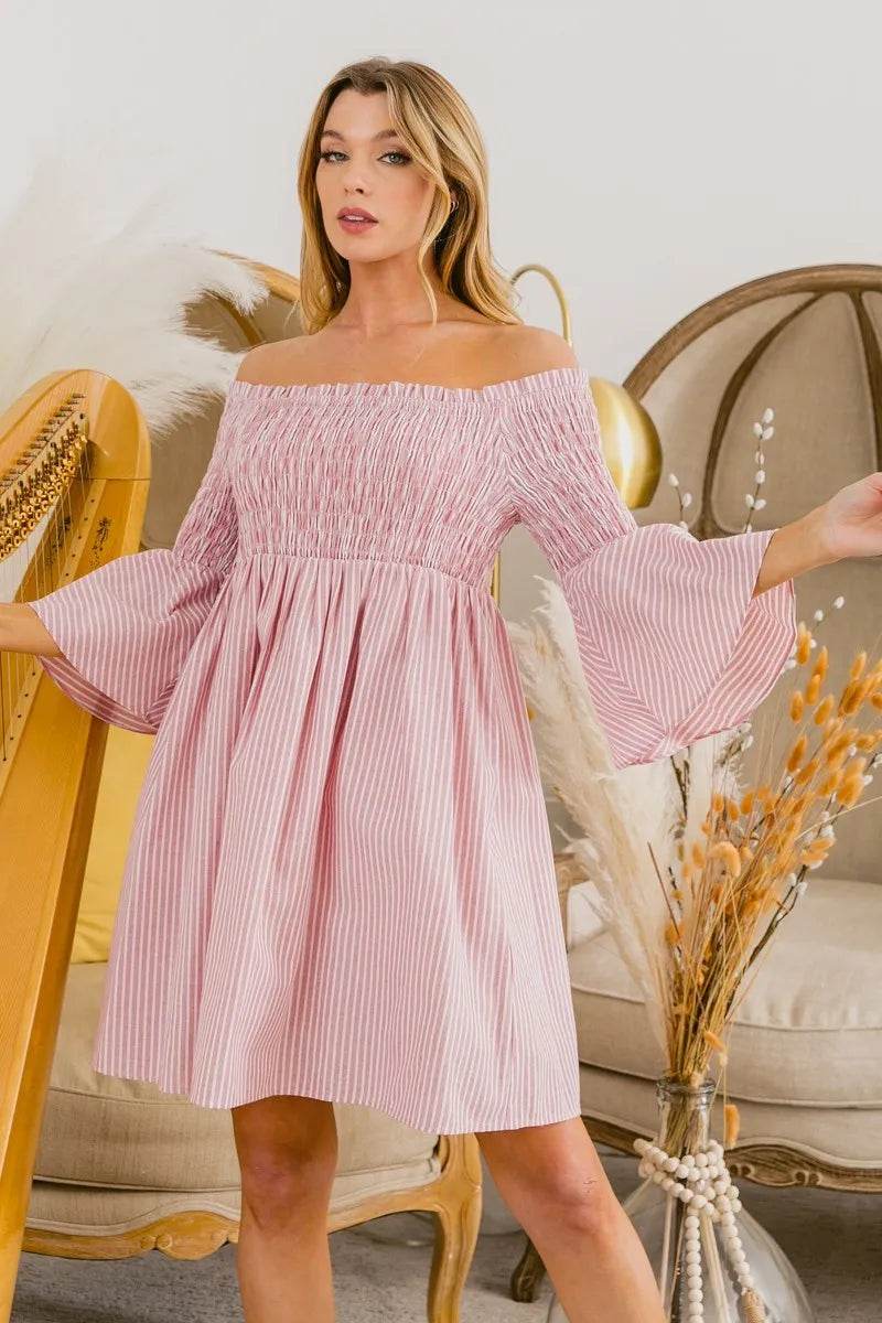 BiBi Smocked Off Shoulder Striped Dress - Shop Style & More | Fresh Looks, Everyday Deals & Free Shipping