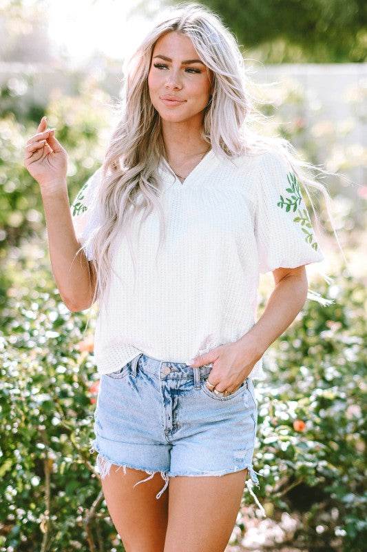 Priscilla Embroidered Puff Sleeve Notched Neck Blo - Shop Style & More | Fresh Looks, Everyday Deals & Free Shipping