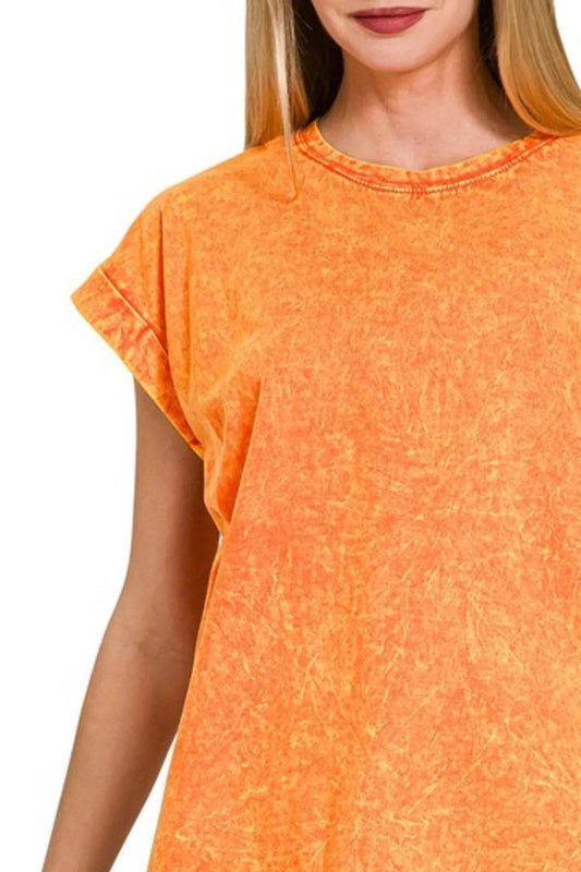 Zenana Crinkle Washed Round Neck Folded Short Sleeve Tee - Shop Style & More | Fresh Looks, Everyday Deals & Free Shipping