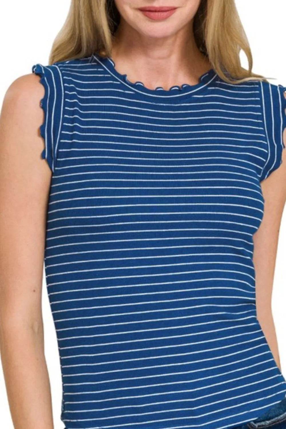 Zenana Ribbed Ruffle Trim Sleeveless Stripe Top - Shop Style & More | Fresh Looks, Everyday Deals & Free Shipping