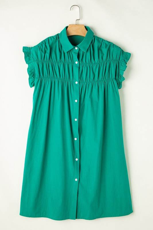 Green Shirred Ruffle Sleeve Button Up Short Dress - Shop Style & More | Fresh Looks, Everyday Deals & Free Shipping