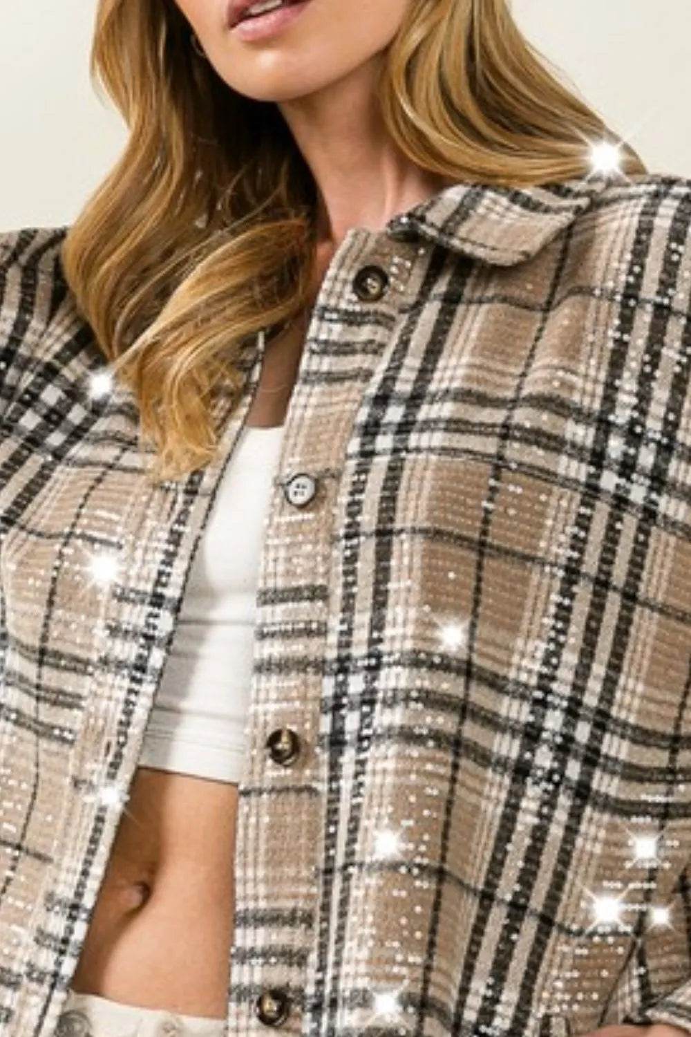 BiBi Allover Clear Sequins Vintage Plaid Jacket - Shop Style & More | Fresh Looks, Everyday Deals & Free Shipping