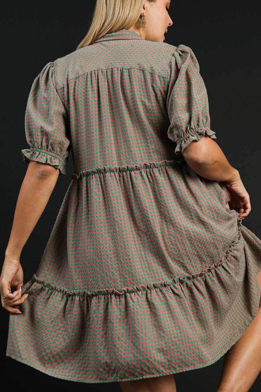 Umgee Full Size Plaid Frill Button Detail Ruffled Short Sleeve Dress Plus Size - Shop Style & More | Fresh Looks, Everyday Deals & Free Shipping