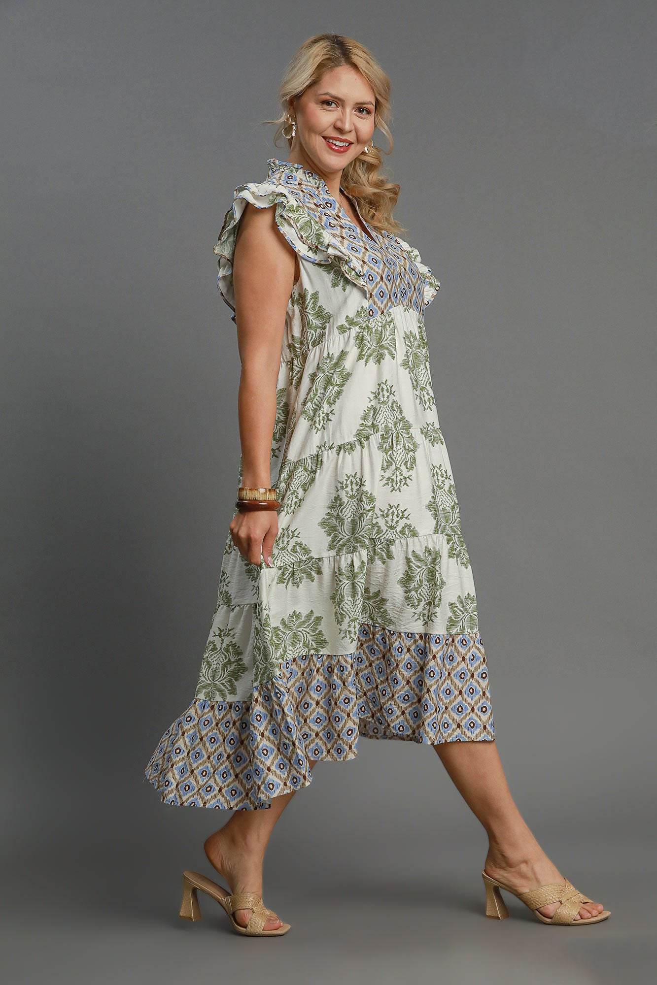 Umgee Full Size Mixed Print Ruffle Cap Sleeve Midi Dress Plus Size - Shop Style & More | Fresh Looks, Everyday Deals & Free Shipping