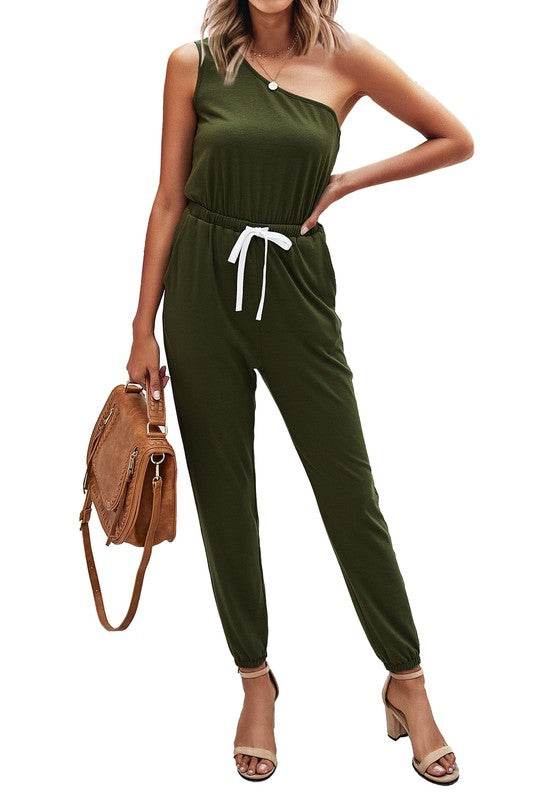 One Shoulder Sleeveless Elastic Waist Jumpsuit - Shop Style & More | Fresh Looks, Everyday Deals & Free Shipping