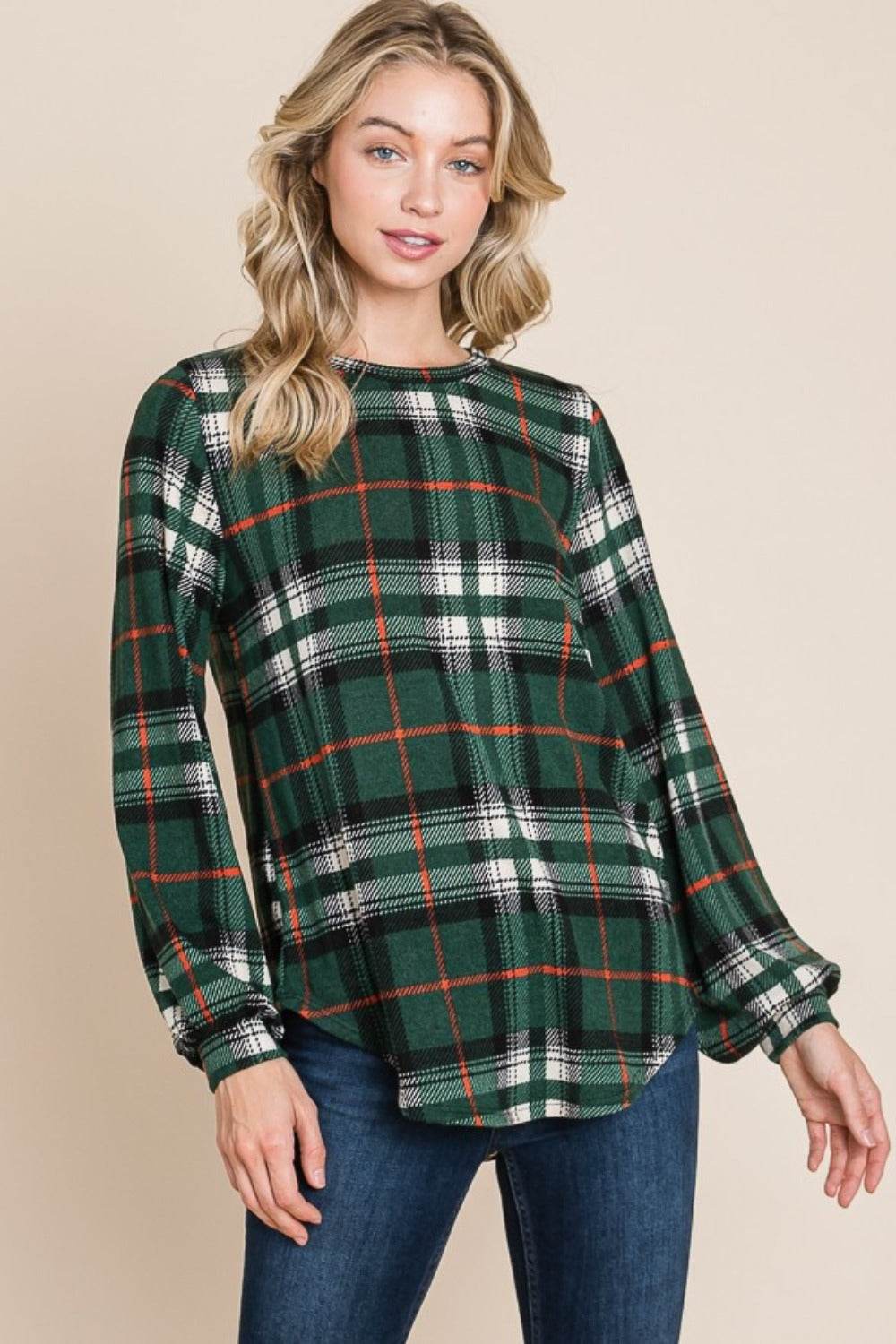 BOMBOM Curved Hem Plaid Round Neck Long Sleeve Top - Shop Style & More | Fresh Looks, Everyday Deals & Free Shipping