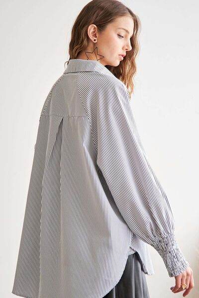 ADORA High-Low Striped Button Down Smocked Lantern Sleeve Shirt - Shop Style & More | Fresh Looks, Everyday Deals & Free Shipping