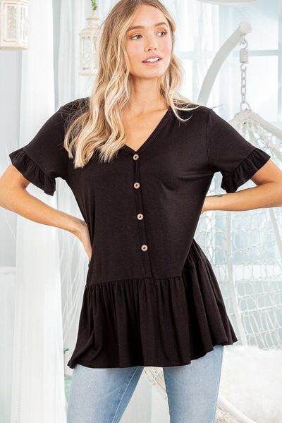 Heimish Full Size Ruffled V-Neck Short Sleeve Blouse Plus Size - Shop Style & More | Fresh Looks, Everyday Deals & Free Shipping