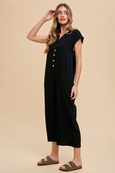 Annie Wear Button Detail Wide Leg Jumpsuit with Pockets Jumpsuits