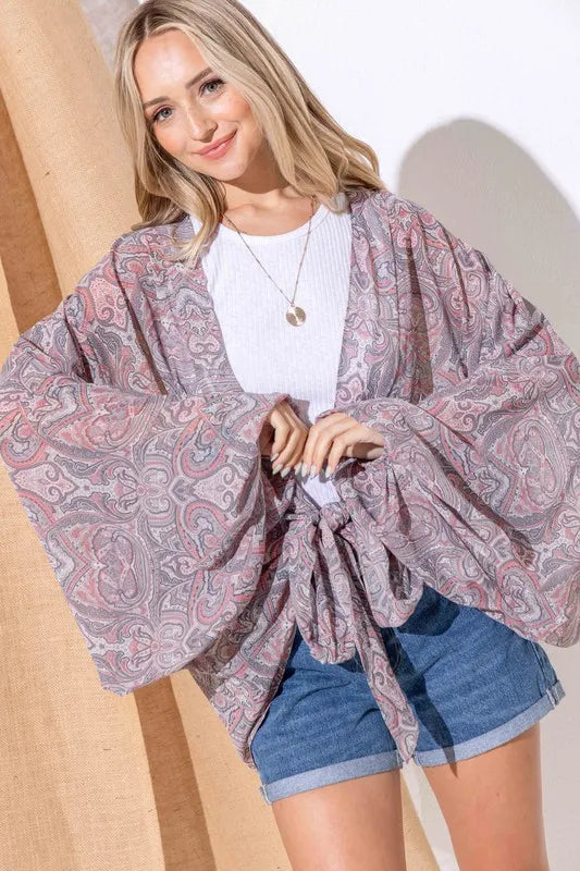 And The Why Sheer Front Tie Knot Oversized Kimono Wrap Cover Up Women's Outerwear