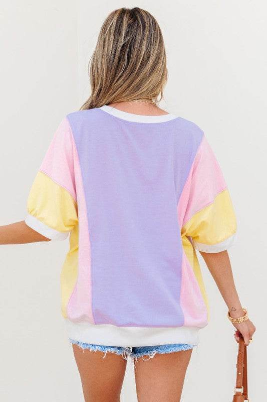 Zoe Patchwork Half Sleeve Oversized Top - Shop Style & More | Fresh Looks, Everyday Deals & Free Shipping