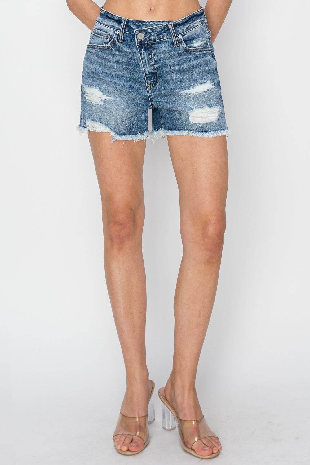 RISEN Stepped Waist Frayed Denim Shorts - Shop Style & More | Fresh Looks, Everyday Deals & Free Shipping