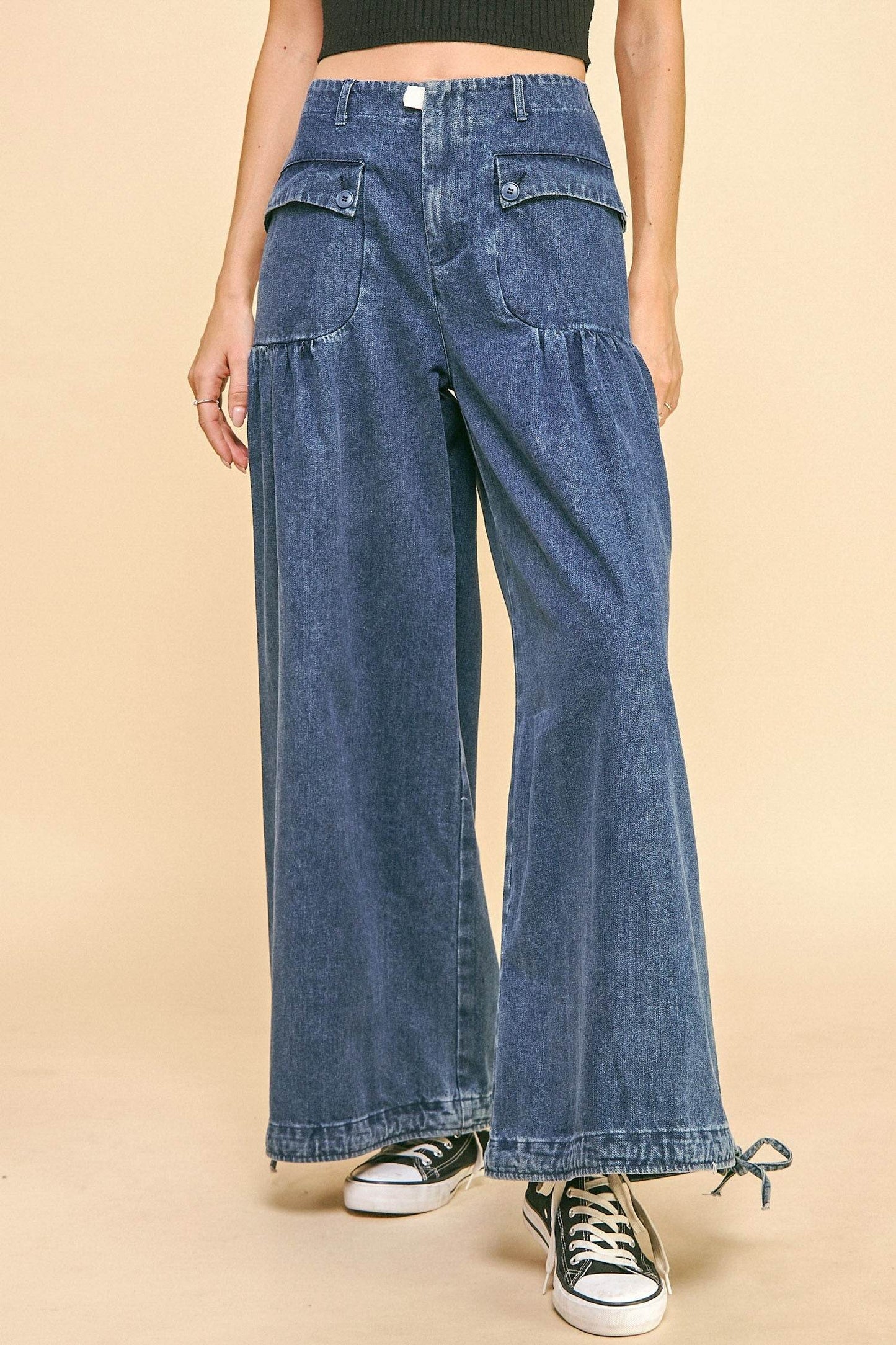 Davi & Dani Drawstring Hem Wide Leg Mid Rise Jeans - Shop Style & More | Fresh Looks, Everyday Deals & Free Shipping