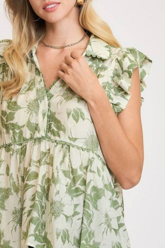 Umgee Full Size Botanical Print Babydoll Top Plus Size - Shop Style & More | Fresh Looks, Everyday Deals & Free Shipping