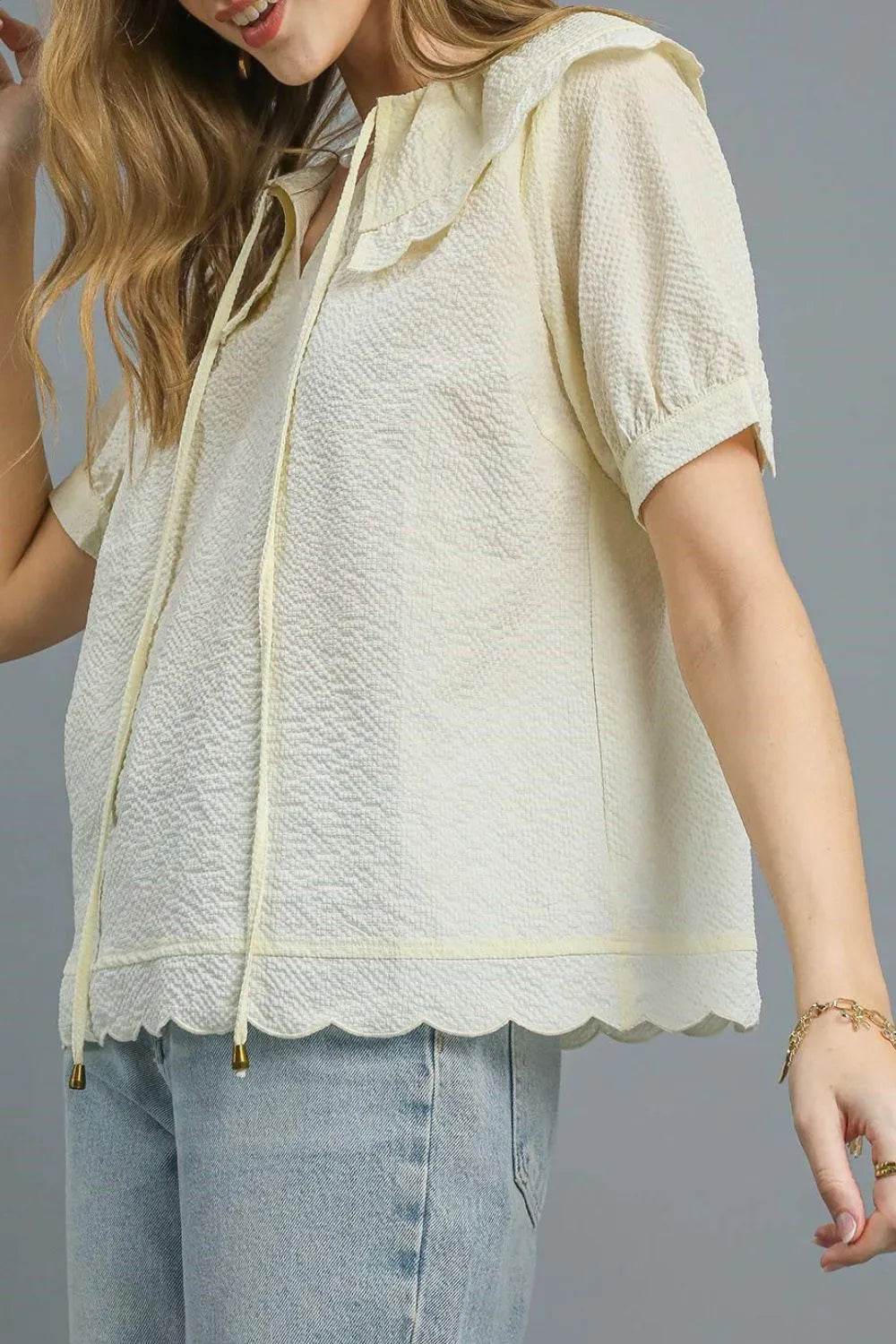 Umgee Peter Pan Collar Short Sleeve Blouse - Shop Style & More | Fresh Looks, Everyday Deals & Free Shipping