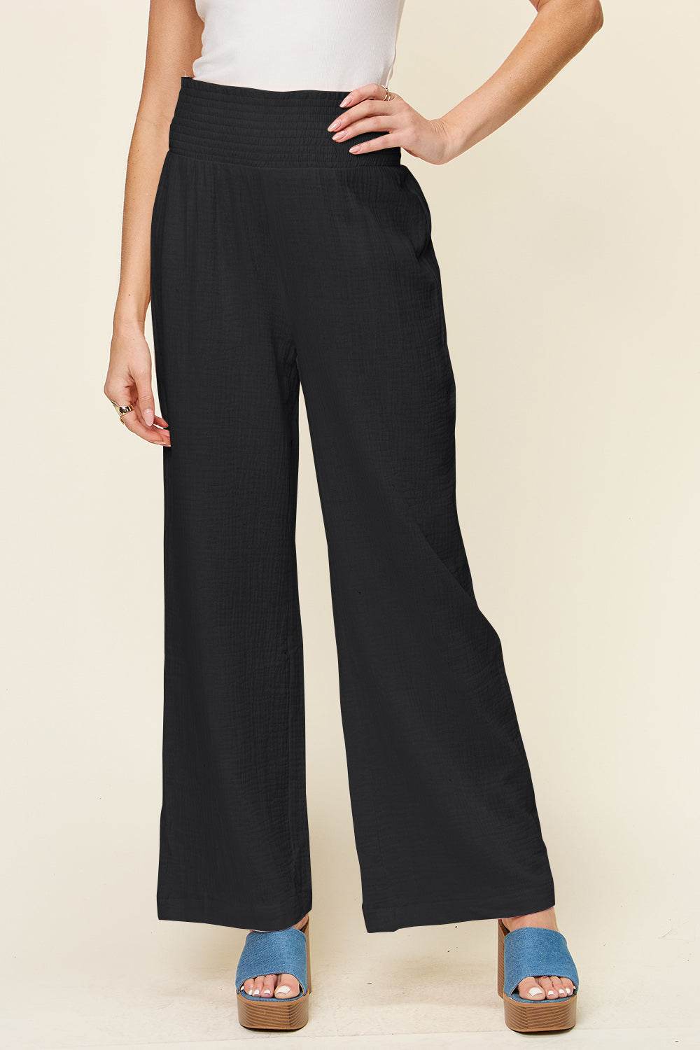 Double Take Full Size Texture Smocked Waist Wide Leg Pants - Shop Style & More | Fresh Looks, Everyday Deals & Free Shipping