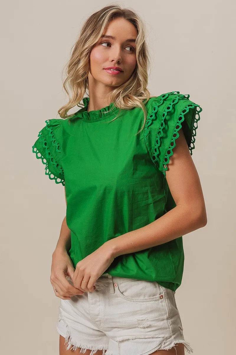 BiBi Solid Woven Circle Trim Ruffle Top - Shop Style & More | Fresh Looks, Everyday Deals & Free Shipping