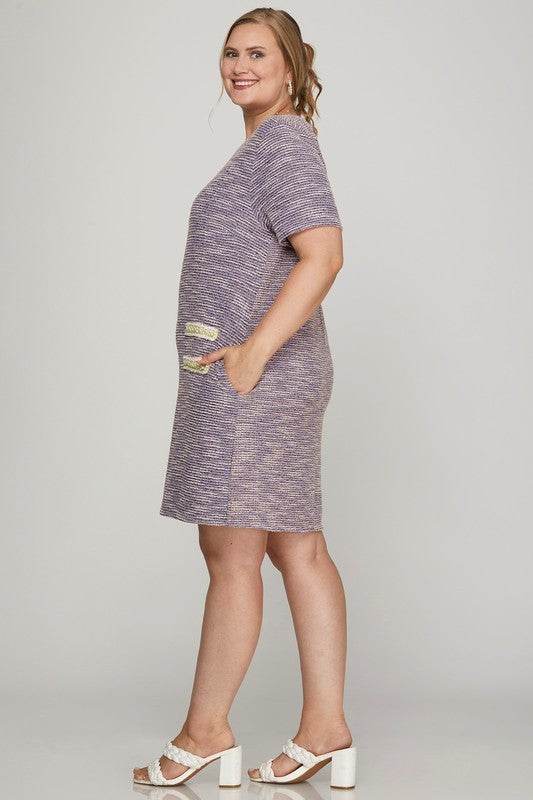 She + Sky Full Size Short Sleeve Pearl Studded Trim Knit Tweed Dress Plus Size - Shop Style & More | Fresh Looks, Everyday Deals & Free Shipping