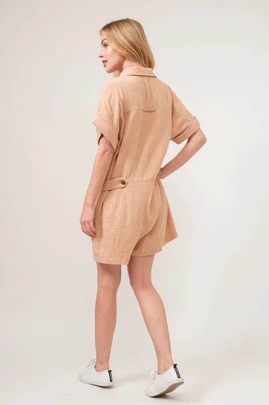 And The Why Washed Gauze Roll-up Sleeve Comfort Utility Romper - Shop Style & More | Fresh Looks, Everyday Deals & Free Shipping