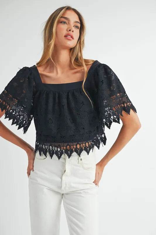 MABLE Square Neck Crochet Lace Top With Double Bow Tie - Shop Style & More | Fresh Looks, Everyday Deals & Free Shipping