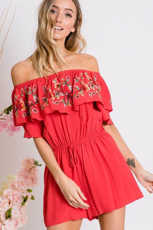 Floral Embroidered Off Shoulder Romper - Shop Style & More | Fresh Looks, Everyday Deals & Free Shipping