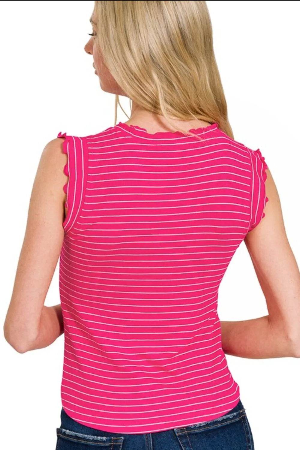 Zenana Ribbed Ruffle Trim Sleeveless Stripe Top - Shop Style & More | Fresh Looks, Everyday Deals & Free Shipping
