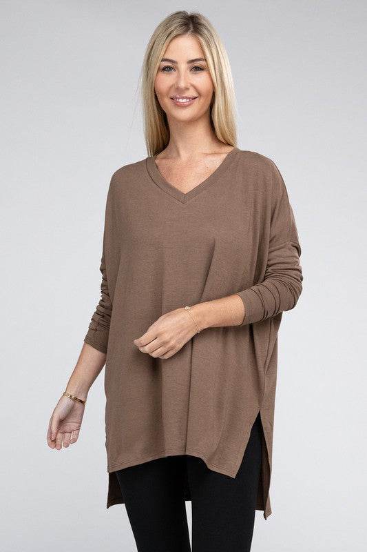 Dolman Long Sleeve V-Neck Side Slit Hi-Low Hem Top - Shop Style & More | Fresh Looks, Everyday Deals & Free Shipping