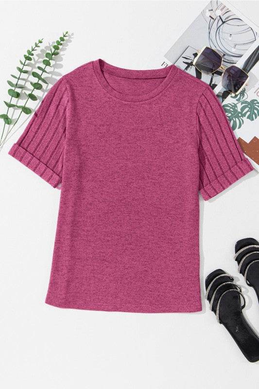 Alma Ribbed Splicing Sleeve Round Neck Top - Shop Style & More | Fresh Looks, Everyday Deals & Free Shipping