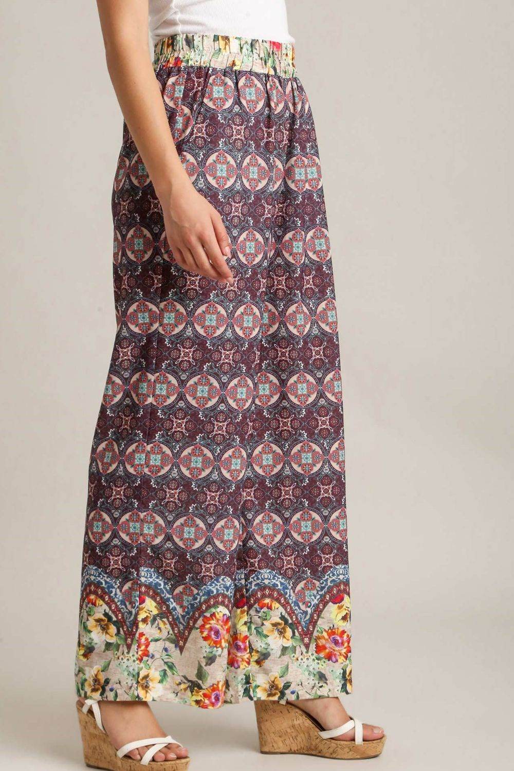 Umgee Full Size Mixed Print Elastic Waistband Pants Plus Size - Shop Style & More | Fresh Looks, Everyday Deals & Free Shipping