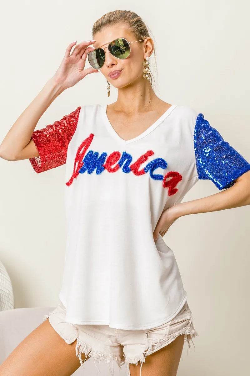 BiBi Metallic Letter V-neck Sequin Sleeves Top - Shop Style & More | Fresh Looks, Everyday Deals & Free Shipping