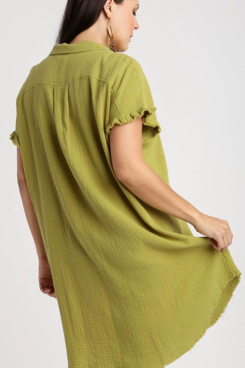 Umgee Full Size Raw Hem Button Down Short Sleeve Gauze Shirt Dress Plus Size - Shop Style & More | Fresh Looks, Everyday Deals & Free Shipping