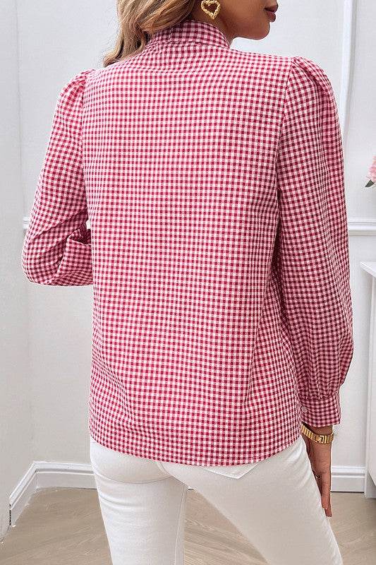 Plaid Puff Sleeves Loose Button Trim Knot Blouse - Shop Style & More | Fresh Looks, Everyday Deals & Free Shipping