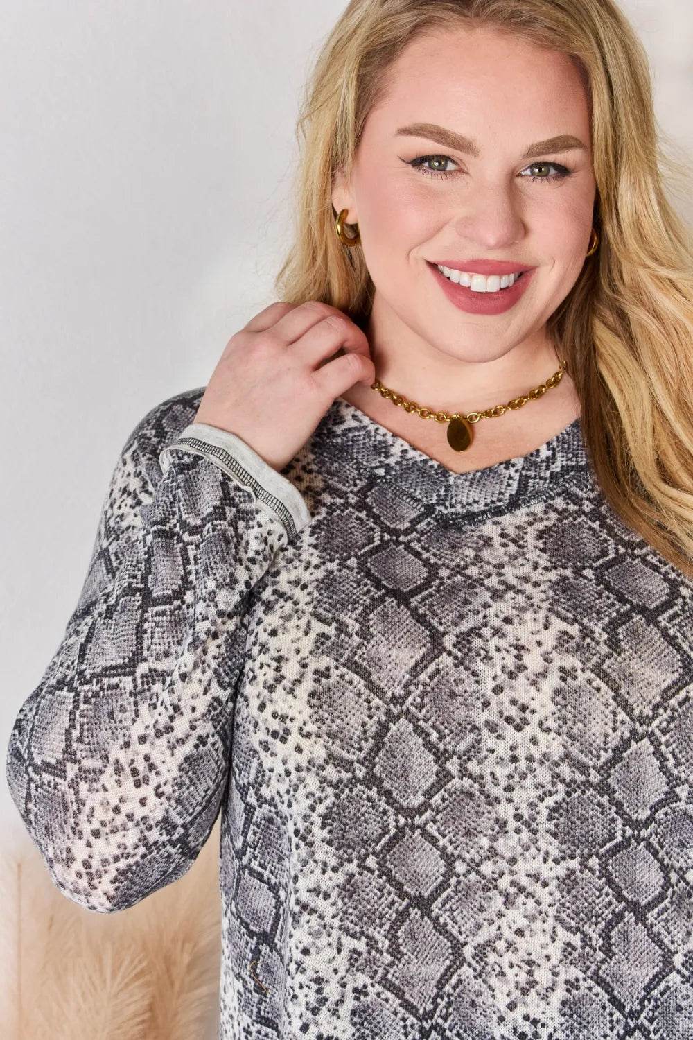 Hailey & Co Full Size Snakeskin V-Neck Long Sleeve Top - Shop Style & More | Fresh Looks, Everyday Deals & Free Shipping