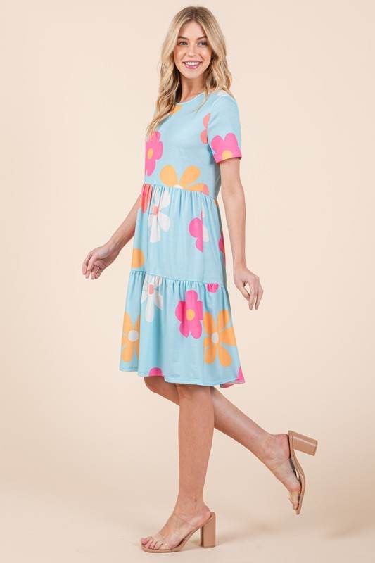 BOMBOM Floral Round Neck Short Sleeve Tiered Dress - Shop Style & More | Fresh Looks, Everyday Deals & Free Shipping