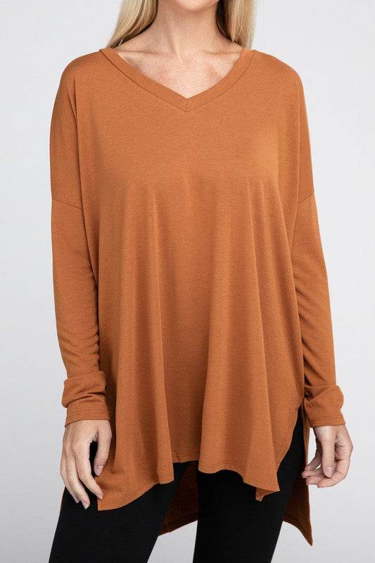 Dolman Long Sleeve V-Neck Side Slit Hi-Low Hem Top - Shop Style & More | Fresh Looks, Everyday Deals & Free Shipping