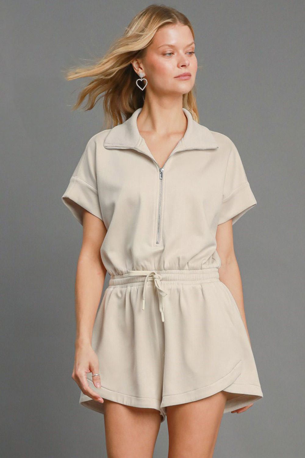 Umgee Full Size Half Sleeve Dolman Sleeved Romper Plus Size ECRU