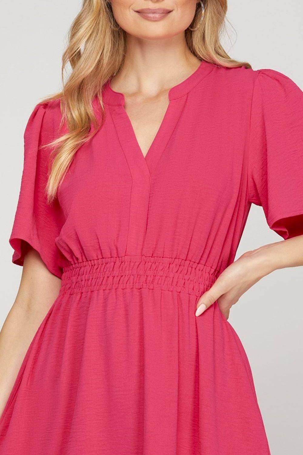 She + Sky Ruffled Hem Notched Flutter Sleeve Mini Dress - Shop Style & More | Fresh Looks, Everyday Deals & Free Shipping
