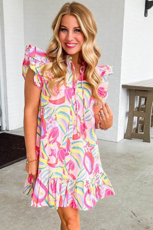 Floral Ruffle Trim Flutter Sleeve Buttoned Dress - Shop Style & More | Fresh Looks, Everyday Deals & Free Shipping