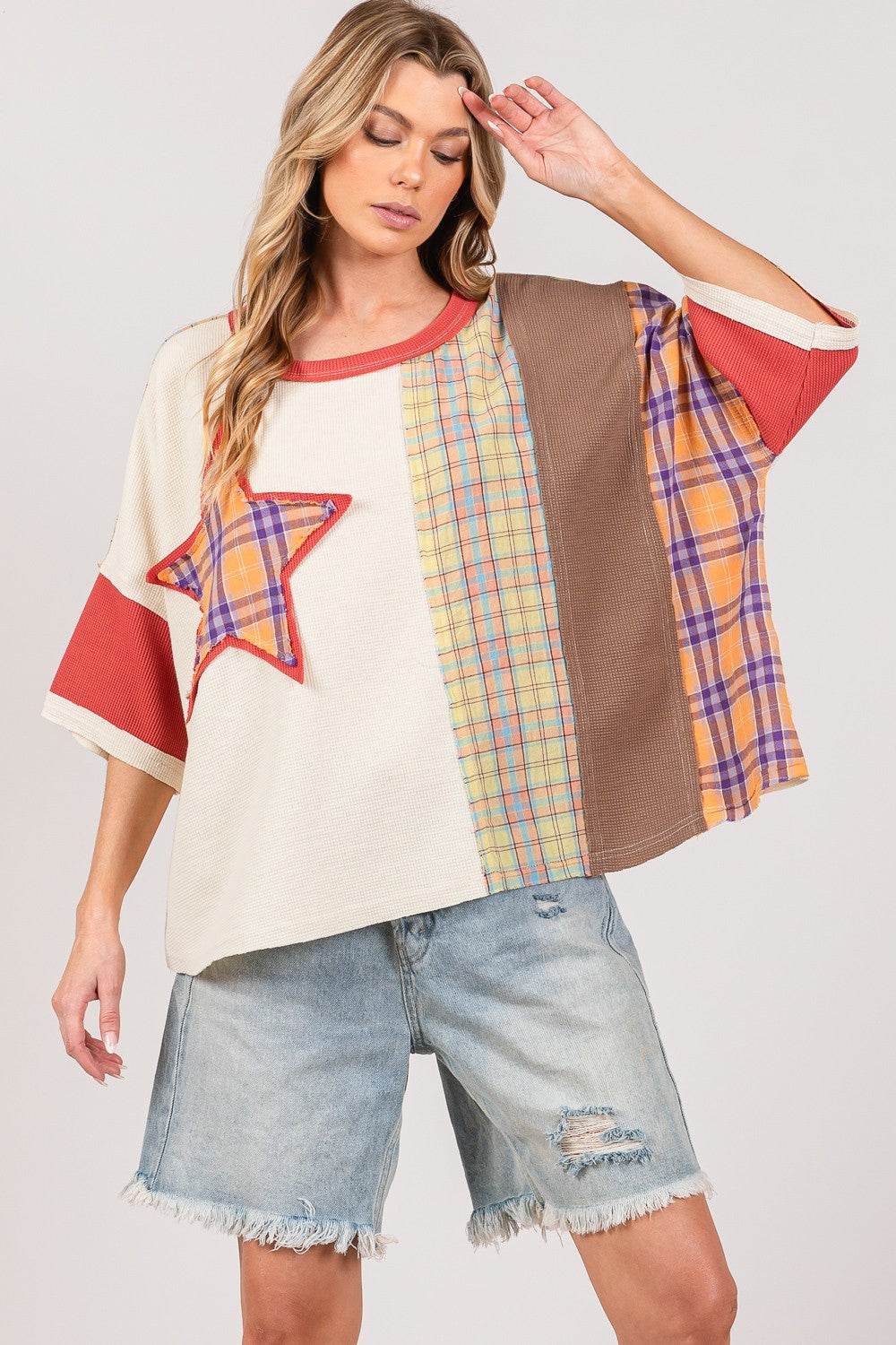 SAGE + FIG Round Neck Plaid Star Patch T-Shirt - Shop Style & More | Fresh Looks, Everyday Deals & Free Shipping
