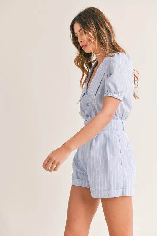 MABLE Striped Puff Sleeve Collared Neck Romper - Shop Style & More | Fresh Looks, Everyday Deals & Free Shipping