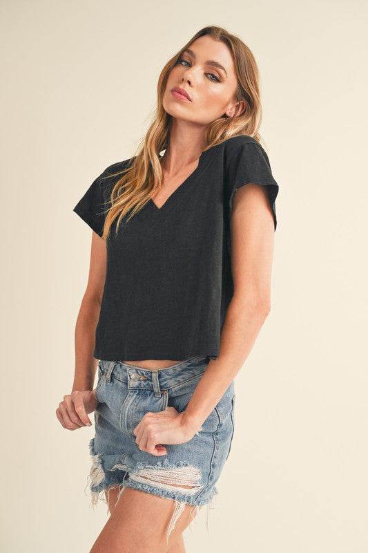 Aemi + Co Side Slit V-Neck Short Sleeve Cropped T-Shirt - Shop Style & More | Fresh Looks, Everyday Deals & Free Shipping