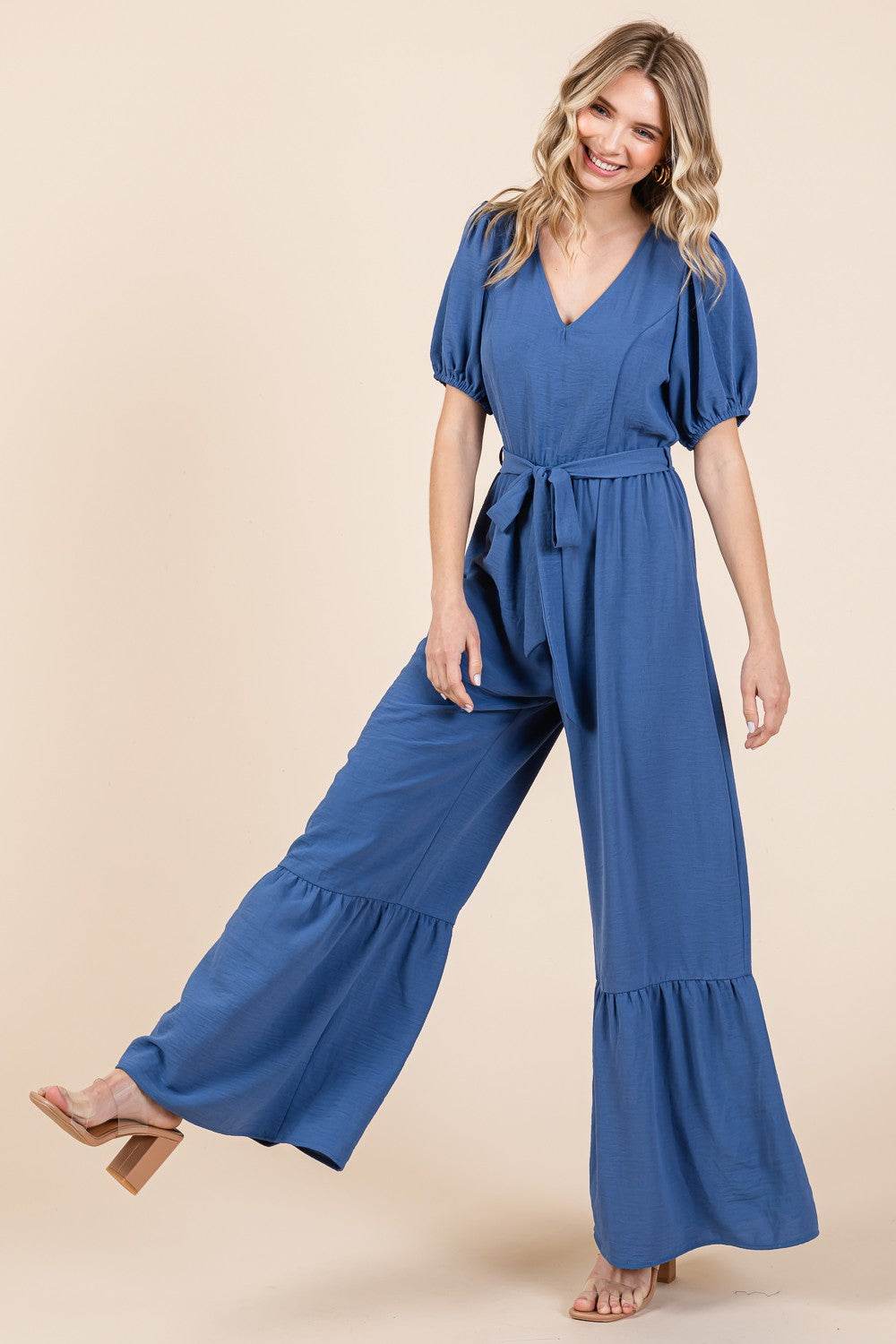 GeeGee Full Size V-Neck Belted Wide Leg Jumpsuit - Shop Style & More | Fresh Looks, Everyday Deals & Free Shipping