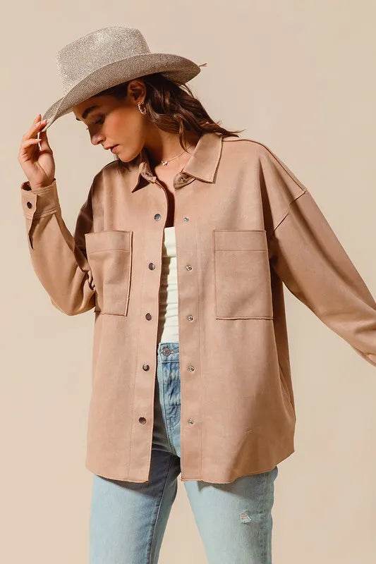 SO ME Faux Sued Snap Shacket with Collar and Pockets - Shop Style & More | Fresh Looks, Everyday Deals & Free Shipping