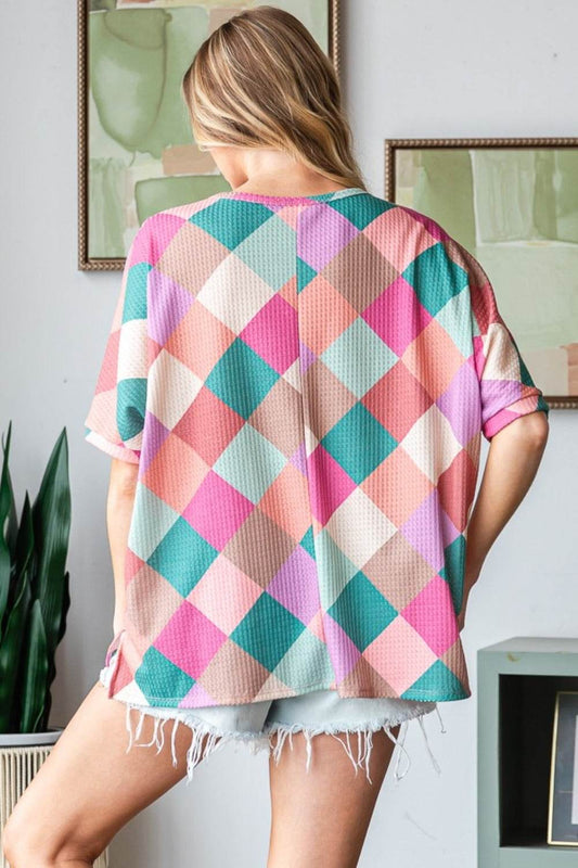 HOPELY Full Size Multi Colored Argyle Side Slit T-Shirt - Shop Style & More | Fresh Looks, Everyday Deals & Free Shipping