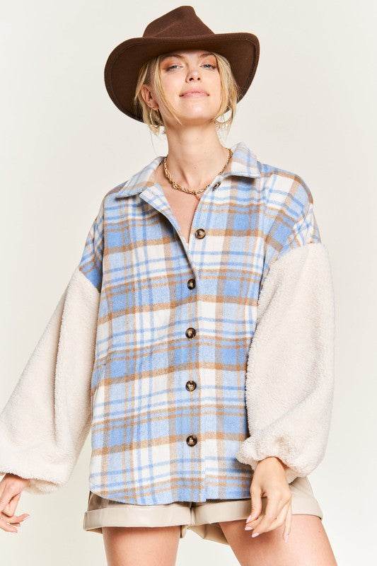 Multi plaid fuzzy sleeve jacket JJO1023 - Shop Style & More | Fresh Looks, Everyday Deals & Free Shipping